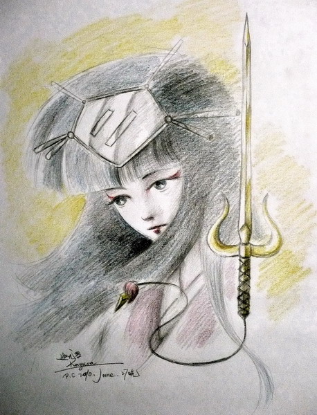 Sketch of Kayura's face in her kimono and one of her swords.