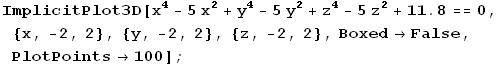 ImplicitPlot3D[x^4 - 5 x^2 + y^4 - 5 y^2 + z^4 - 5 z^2 + 11.8 == 0, {x, -2, 2}, {y, -2, 2}, {z, -2, 2}, Boxed -> False, PlotPoints -> 100] ;