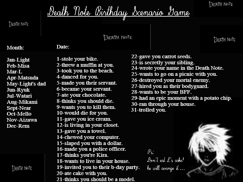  Death Note Birthday Scenario Game by TheBlueEyedVampire on 
