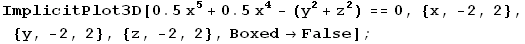 ImplicitPlot3D[0.5 x^5 + 0.5 x^4 - (y^2 + z^2) == 0, {x, -2, 2}, {y, -2, 2}, {z, -2, 2}, Boxed -> False] ;