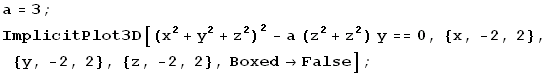 a = 3 ; ImplicitPlot3D[(x^2 + y^2 + z^2)^2 - a (z^2 + z^2) y == 0, {x, -2, 2}, {y, -2, 2}, {z, -2, 2}, Boxed -> False] ; 