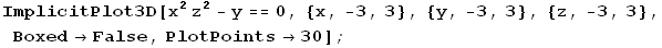ImplicitPlot3D[x^2 z^2 - y == 0, {x, -3, 3}, {y, -3, 3}, {z, -3, 3}, Boxed -> False, PlotPoints -> 30] ;