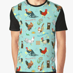 Cute Seamless Roosters Pattern Cartoon Graphic T-Shirt