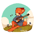 a short gif of a cartoon fox in a blue-gray shirt sitting on the grass and strumming a guitar. the background is a blue sky with a couple of clouds/