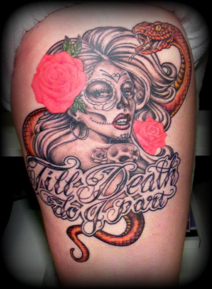 Day of the dead girl sugar skull and roses tattoo by 