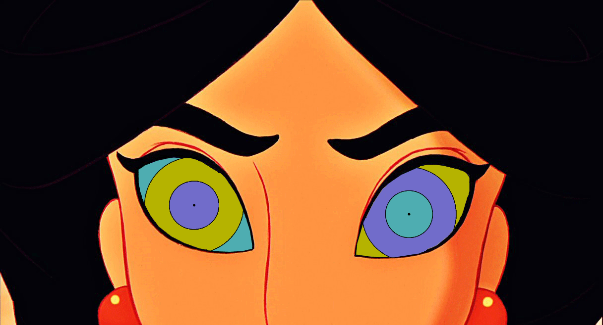 A cartoon woman stares in the camera, her eyes hypnotized. 