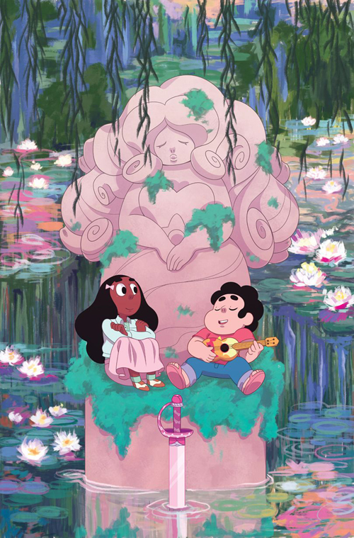 Steven Universe issue 11 is out! Here’s the cover I did for it. I’ve had the Monet-esque image of Steven and Connie sitting beneath one of Rose’s fountain statues in my head for a...