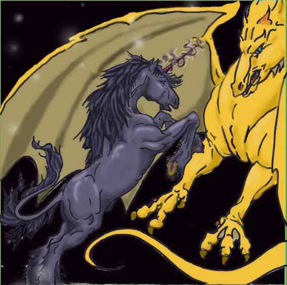 Batalla entre un dragón y un unicornio por Richard Dick Firestorm