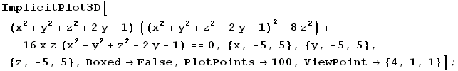 ImplicitPlot3D[(x^2 + y^2 + z^2 + 2 y - 1) ((x^2 + y^2 + z^2 - 2 y - 1)^2 - 8 z^2) + 16 x z (x ...  5}, {y, -5, 5}, {z, -5, 5}, Boxed -> False, PlotPoints -> 100, ViewPoint -> {4, 1, 1}] ;