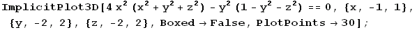 ImplicitPlot3D[4 x^2 (x^2 + y^2 + z^2) - y^2 (1 - y^2 - z^2) == 0, {x, -1, 1}, {y, -2, 2}, {z, -2, 2}, Boxed -> False, PlotPoints -> 30] ;