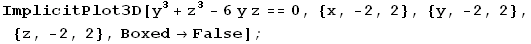 ImplicitPlot3D[y^3 + z^3 - 6 y z == 0, {x, -2, 2}, {y, -2, 2}, {z, -2, 2}, Boxed -> False] ;