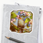 Orange Cheeked Waxbill Finch With Blueberries Realistic Painting Sticker