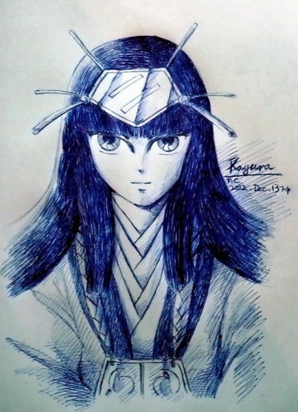 Blue pen sketch of Kayura in her kimono.