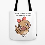 Cute finch girl bird with pink bow tie tote bag