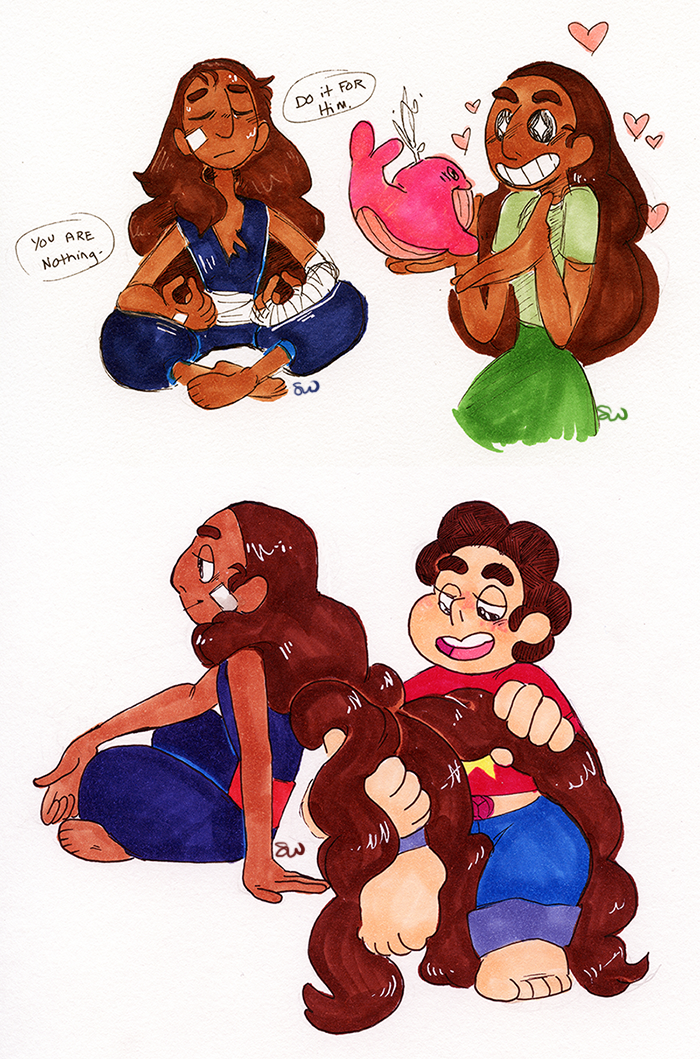Full View for HD  just over here doodling connie, watching steven universe, and nothing hurts Also head canon- Steven is the one who braids Connie’s hair before she trains and he sings t...