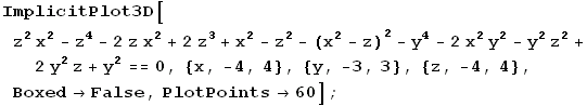 ImplicitPlot3D[z^2 x^2 - z^4 - 2 z x^2 + 2 z^3 + x^2 - z^2 - (x^2 - z)^2 - y^4 - 2 x^2 y^2 - y ...  2 y^2 z + y^2 == 0, {x, -4, 4}, {y, -3, 3}, {z, -4, 4}, Boxed -> False, PlotPoints -> 60] ;