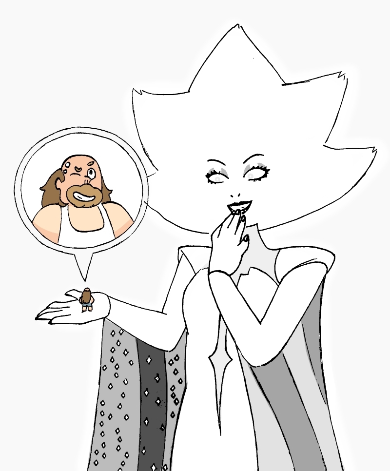 I thought it would be funny if Greg were to use his tricks on White Diamond. He's great at winning the affection of Diamonds, as we know. I could picture her keeping him in a little bird cage in he...