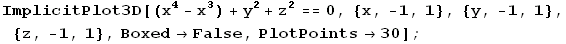 ImplicitPlot3D[(x^4 - x^3) + y^2 + z^2 == 0, {x, -1, 1}, {y, -1, 1}, {z, -1, 1}, Boxed -> False, PlotPoints -> 30] ;