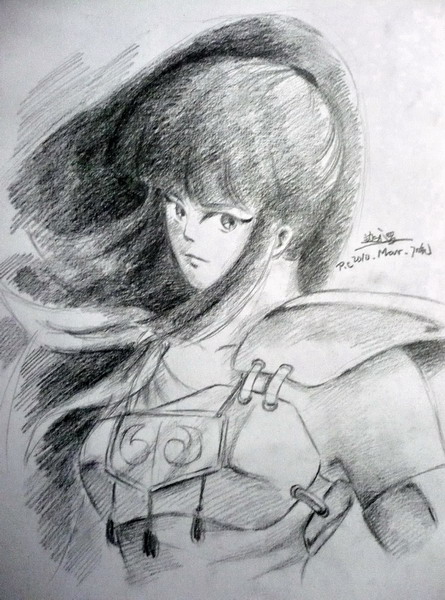 Black and white sketch of Kayura in armor.