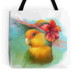 Orange-faced Lovebird with Hibiscus Hat Realistic Painting Tote Bag
