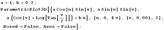 a = 1 ; b = 0.2 ; ParametricPlot3D[{a Cos[u] Sin[v], a Sin[u] Sin[v], a (Cos[v] + Log[Tan[v/2]]) + b u}, {u, 0, 4 Î}, {v, 0.001, 2}, Boxed -> False, Axes -> False] ; 