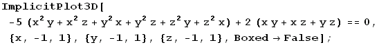 ImplicitPlot3D[-5 (x^2 y + x^2 z + y^2 x + y^2 z + z^2 y + z^2 x) + 2 (x y + x z + y z) == 0, {x, -1, 1}, {y, -1, 1}, {z, -1, 1}, Boxed -> False] ;