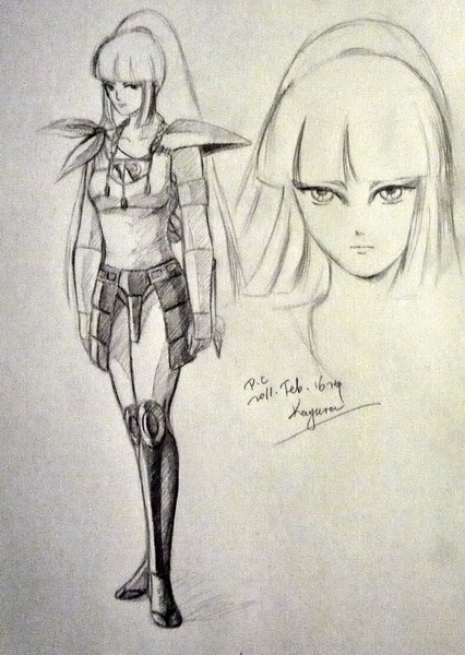 Sketch of Kayura in her armor and a face close-up