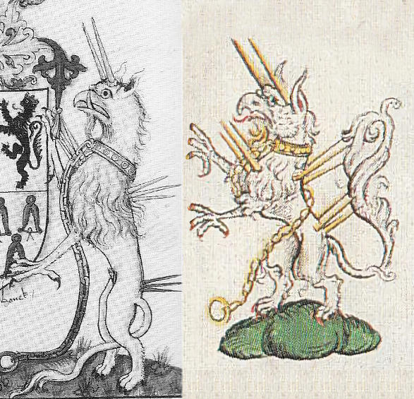 Escudo de armas de St. Leger (1530-1531) y estandarte de un Caballero de la Jarretera de mediados de 1500.