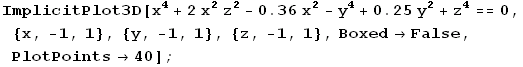 ImplicitPlot3D[x^4 + 2 x^2 z^2 - 0.36 x^2 - y^4 + 0.25 y^2 + z^4 == 0, {x, -1, 1}, {y, -1, 1}, {z, -1, 1}, Boxed -> False, PlotPoints -> 40] ;