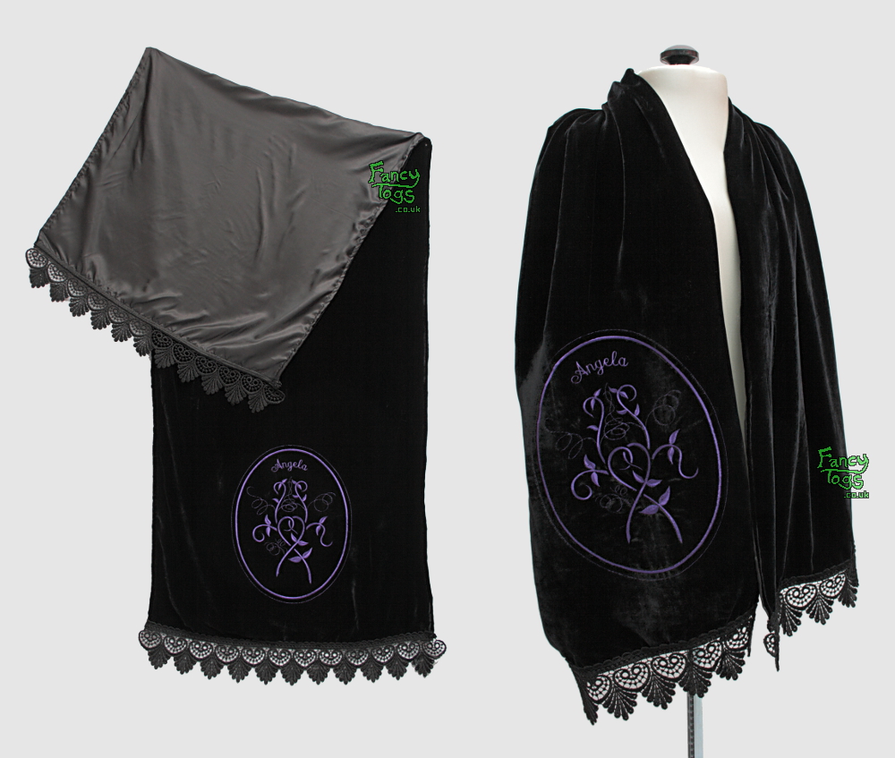 Black silk velvet scarf with custom embroidery by FancyTogs on DeviantArt