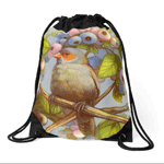 Orange Cheeked Waxbill Finch With Blueberries Realistic Painting Drawstring Bag