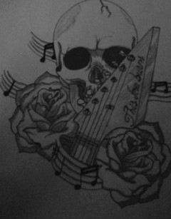 skull,guitar handle, music notes and roses by gbftattoos ...
