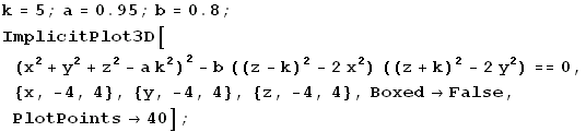 k = 5 ; a = 0.95 ; b = 0.8 ; ImplicitPlot3D[(x^2 + y^2 + z^2 - a k^2)^2 - b ((z - k)^2 - 2 x^2 ... k)^2 - 2 y^2) == 0, {x, -4, 4}, {y, -4, 4}, {z, -4, 4}, Boxed -> False, PlotPoints -> 40] ; 