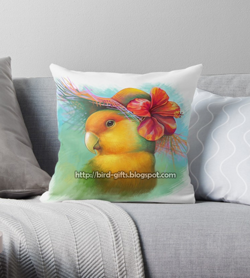 Orange-faced Lovebird with Hibiscus Hat Realistic Painting Pillow