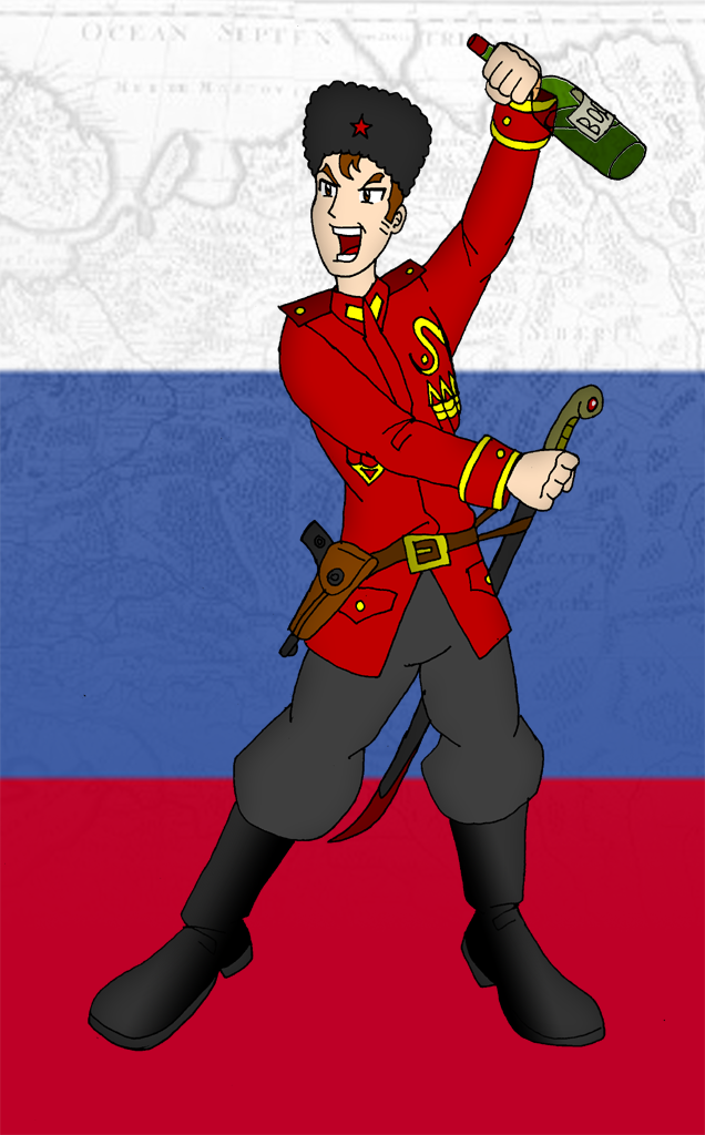 cartoon drawing of young Cossack soldier waving bottle in air