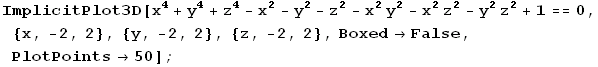 ImplicitPlot3D[x^4 + y^4 + z^4 - x^2 - y^2 - z^2 - x^2 y^2 - x^2 z^2 - y^2 z^2 + 1 == 0, {x, -2, 2}, {y, -2, 2}, {z, -2, 2}, Boxed -> False, PlotPoints -> 50] ;
