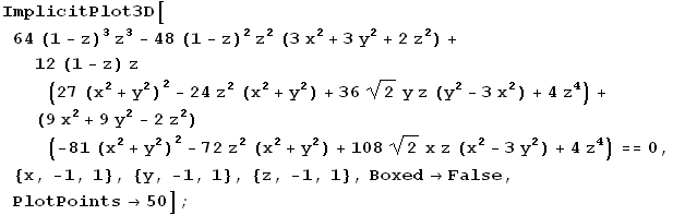 ImplicitPlot3D[64 (1 - z)^3 z^3 - 48 (1 - z)^2 z^2 (3 x^2 + 3 y^2 + 2 z^2) + 12 (1 - z) z (27  ...  y^2) + 4 z^4) == 0, {x, -1, 1}, {y, -1, 1}, {z, -1, 1}, Boxed -> False, PlotPoints -> 50] ;