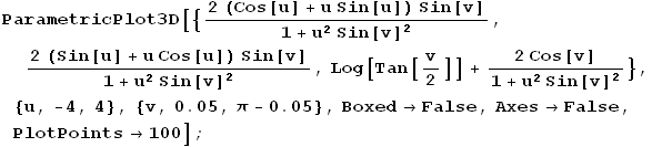 ParametricPlot3D[{(2 (Cos[u] + u Sin[u]) Sin[v])/(1 + u^2 Sin[v]^2), (2 (Sin[u] + u Cos[u]) Si ... {u, -4, 4}, {v, 0.05, Î - 0.05}, Boxed -> False, Axes -> False, PlotPoints -> 100] ;